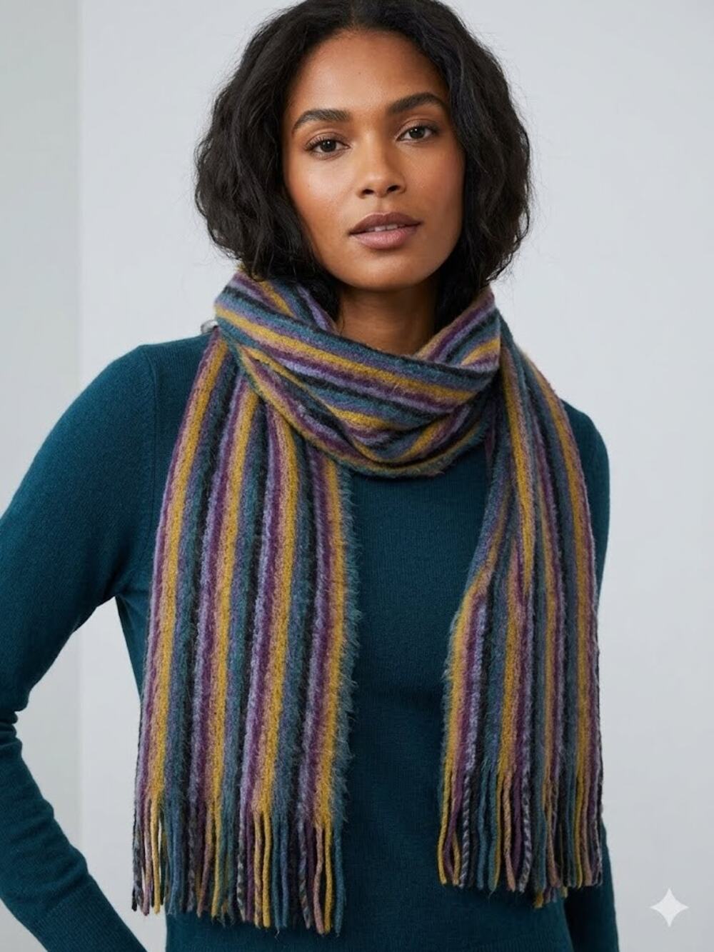 Cejion Multi-Colored Striped Knit Scarf Fuzzy Textured Rectangle‎ Fringe 9X76"